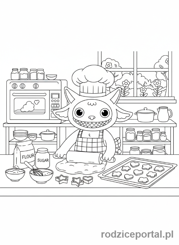 Kolorowanka Kolorowanki Labubu Do Druku - Labubu piekący ciasteczka w kuchni