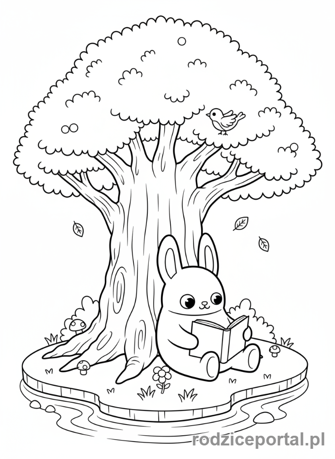 Kolorowanka Kolorowanki Labubu Do Druku - Labubu siedzący pod drzewem i czytający książkę
