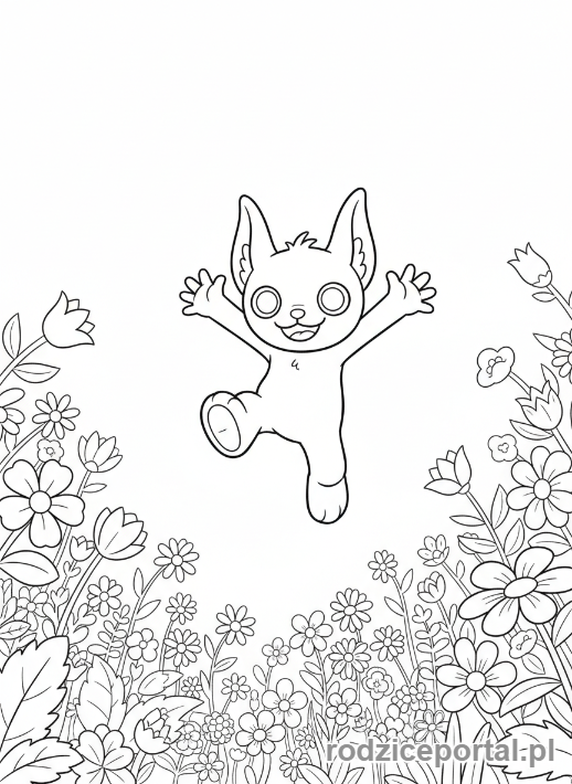 Kolorowanka Kolorowanki Labubu Do Druku - Labubu skaczący radośnie po polu kwiatów