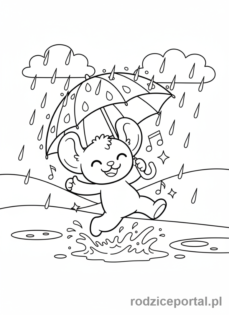 Kolorowanka Kolorowanki Labubu Do Druku - Labubu tańczący w deszczu pod parasolem