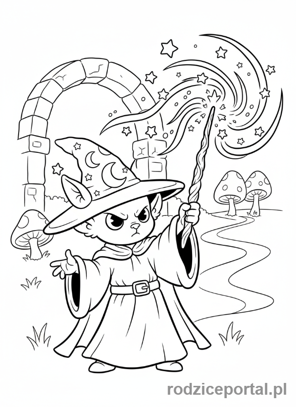 Kolorowanka Kolorowanki Labubu Do Druku - Labubu ubrany w strój czarodzieja, rzucający zaklęcie