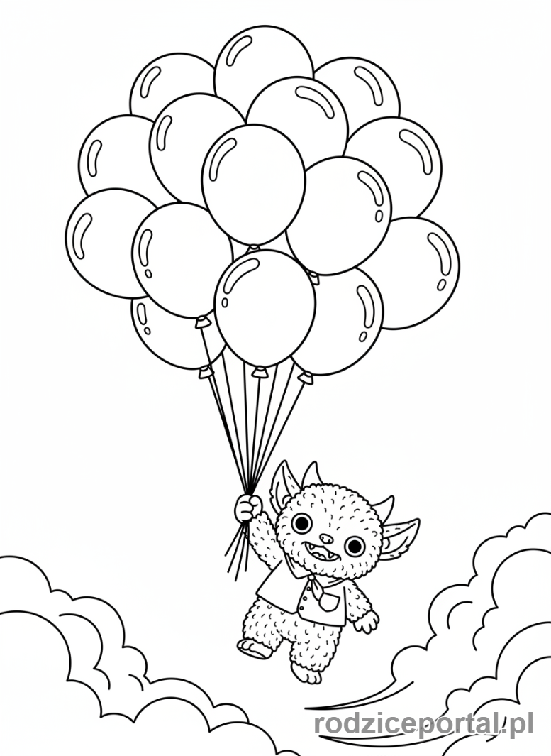 Kolorowanka Kolorowanki Labubu Do Druku - Labubu z bukietem balonów, unoszący się w powietrzu