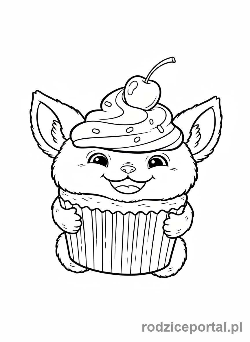 Kolorowanka Kolorowanki Labubu Do Druku - Labubu z dużym uśmiechem, trzymający w ręku gigantyczną babeczkę