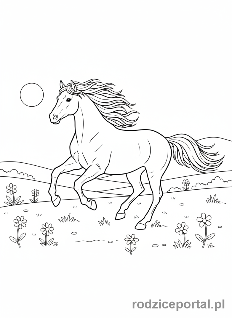 Kolorowanka Konie - Koń biegnący po łące.