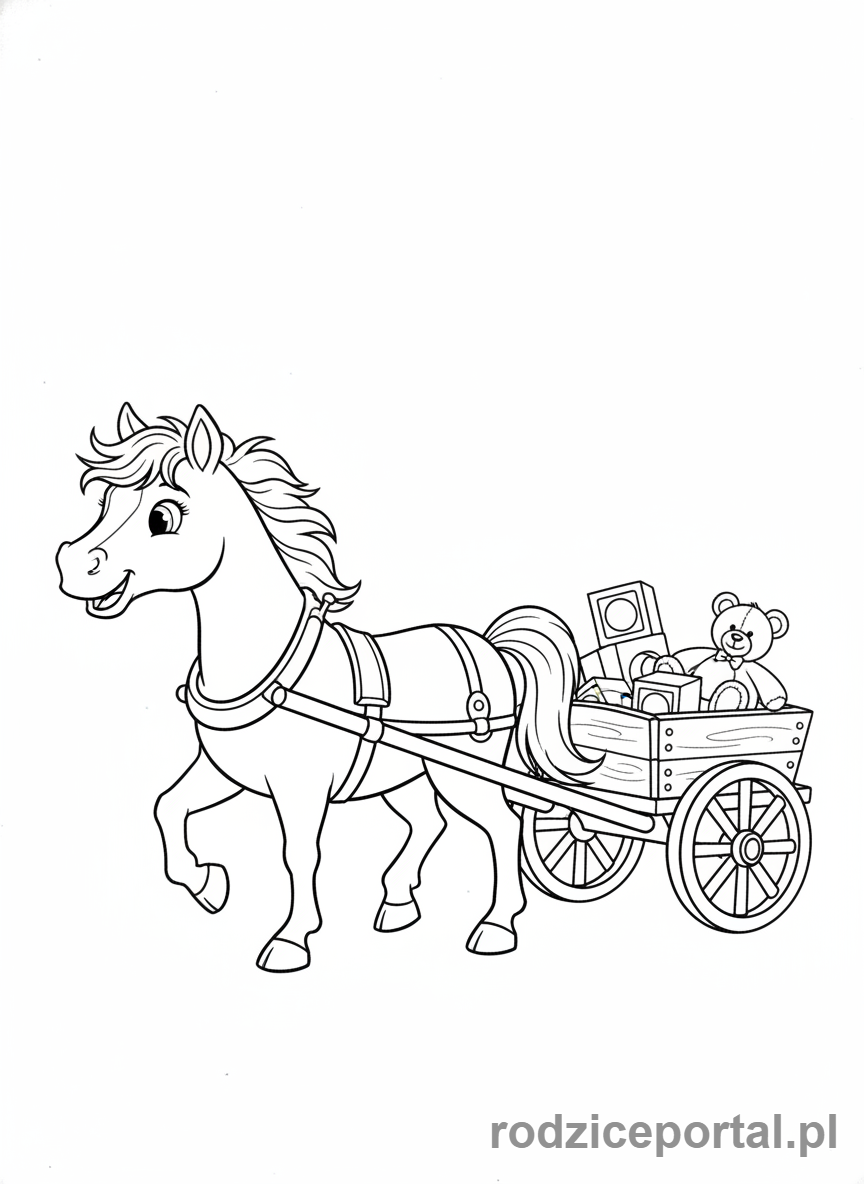 Kolorowanka Konie - Koń ciągnący mały wózek.