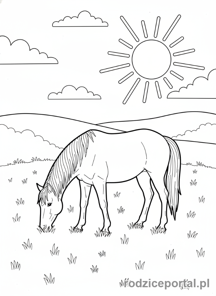 Kolorowanka Konie - Koń pasący się na trawie.