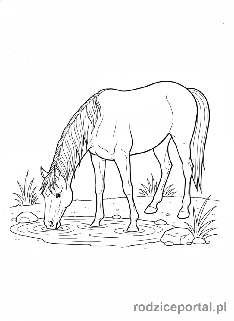 Kolorowanka Konie - Koń pijący wodę z poidełka.