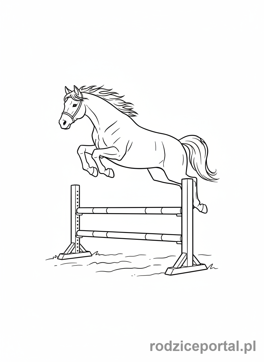 Kolorowanka Konie - Koń skaczący przez przeszkodę.