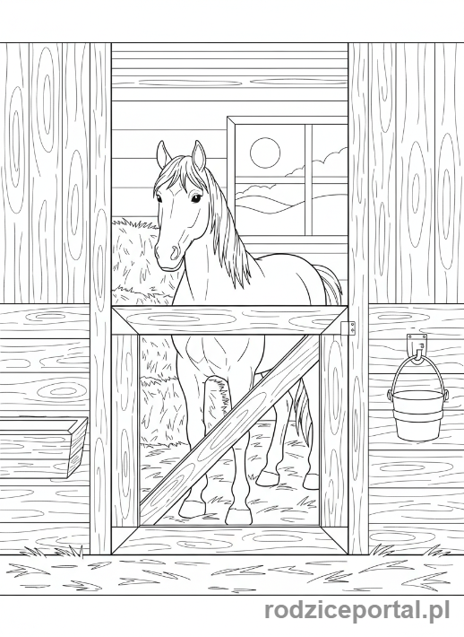 Kolorowanka Konie - Koń w stajni.