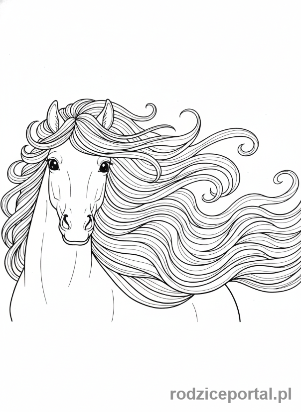 Kolorowanka Konie - Koń z bujną grzywą i ogonem.