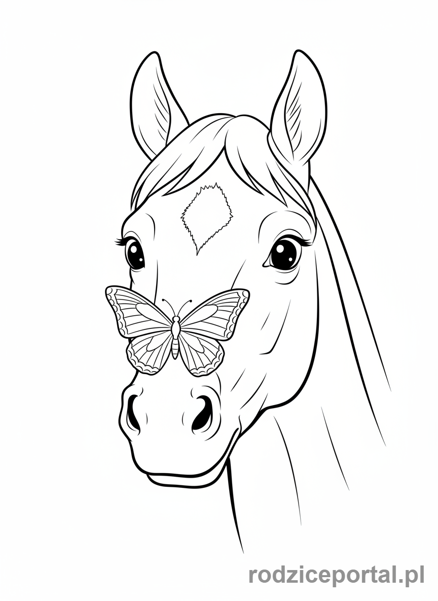Kolorowanka Konie - Koń z motylem na nosie.