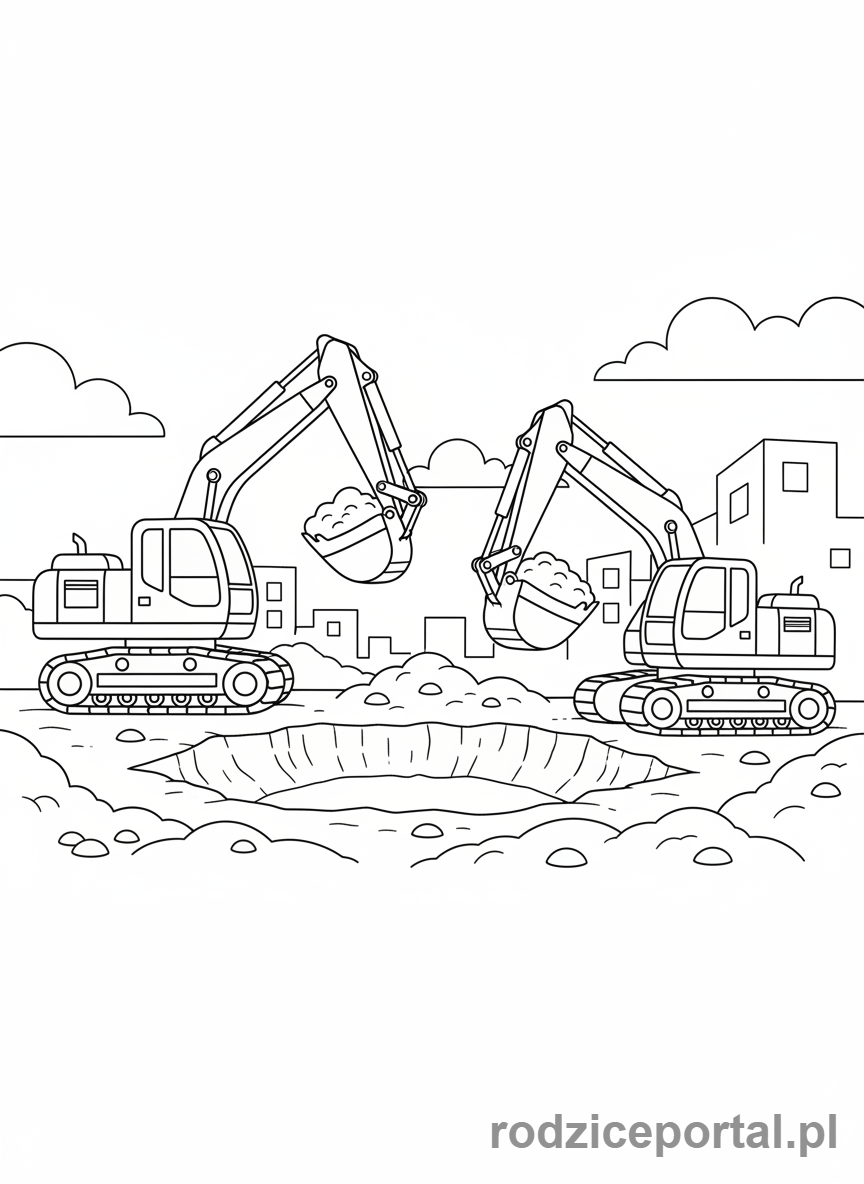 Kolorowanka Koparki - Dwie koparki pracujące obok siebie.