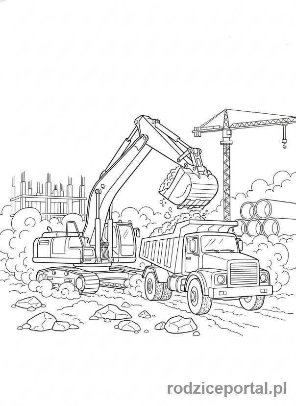 Kolorowanka Koparki - Koparka ładująca ziemię na wywrotkę.