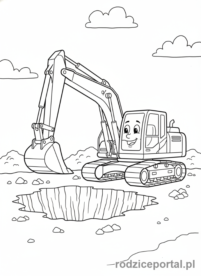 Kolorowanka Koparki - Koparka kopiąca duży dół na placu budowy.