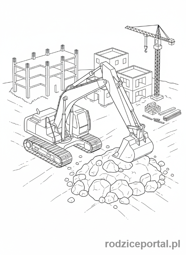 Kolorowanka Koparki - Koparka na placu budowy, widok z góry.