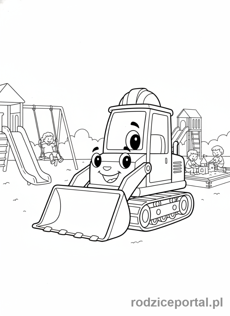 Kolorowanka Koparki - Koparka na placu zabaw, z dziećmi w tle.