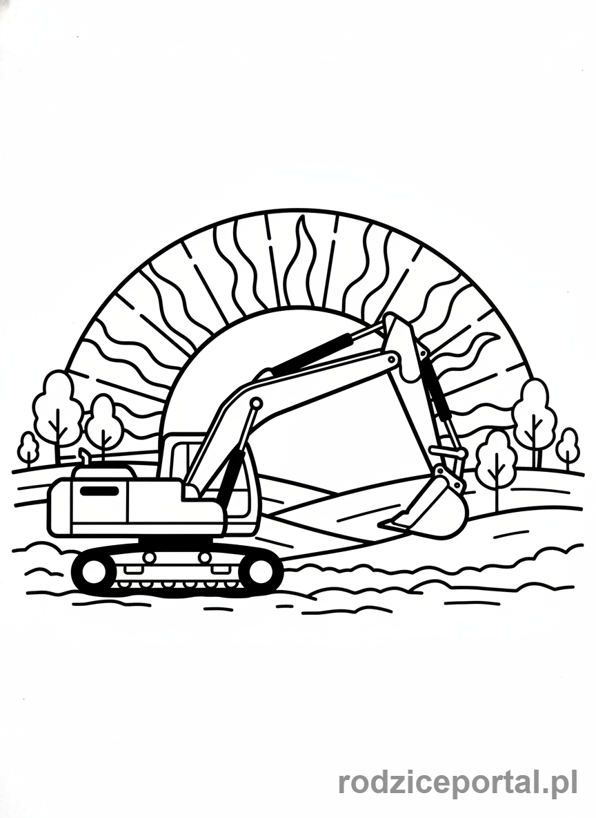 Kolorowanka Koparki - Koparka na tle wschodzącego słońca.