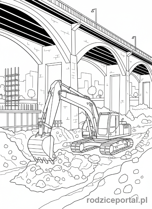 Kolorowanka Koparki - Koparka pod mostem