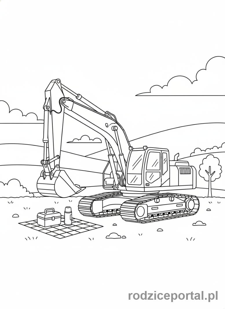 Kolorowanka Koparki - Koparka podczas przerwy, zaparkowana.