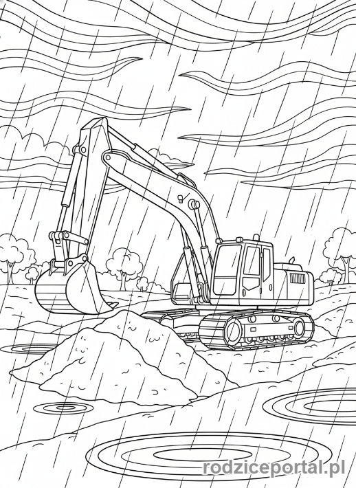 Kolorowanka Koparki - Koparka w deszczu