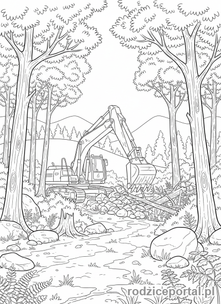 Kolorowanka Koparki - Koparka w otoczeniu leśnym, budująca drogę.