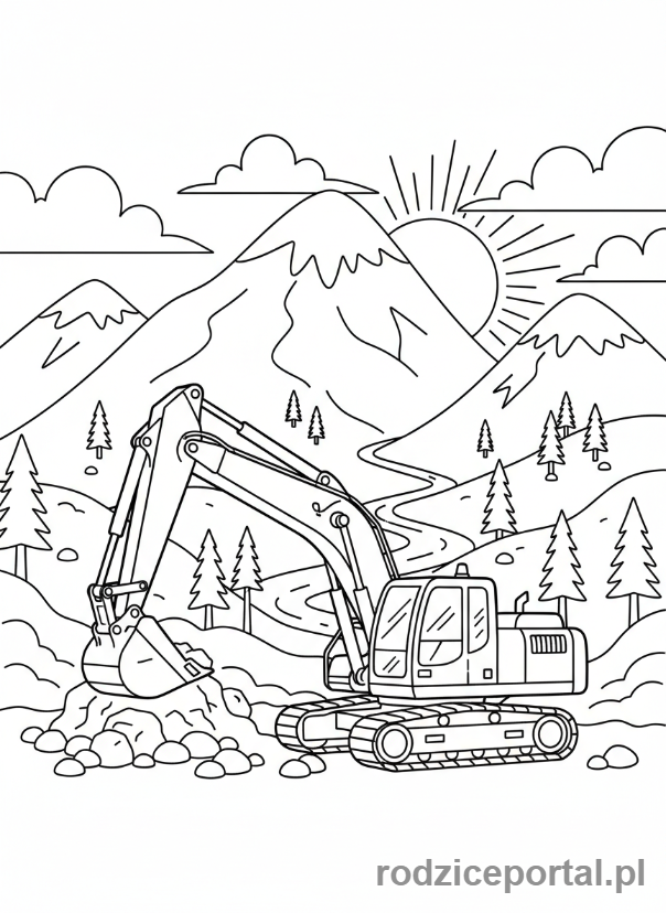 Kolorowanka Koparki - Koparka w tle gór