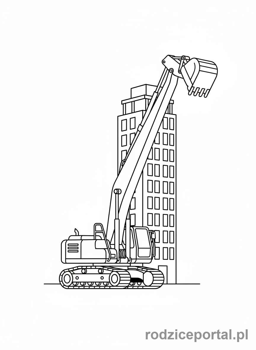 Kolorowanka Koparki - Koparka z długim ramieniem, sięgająca wysoko.