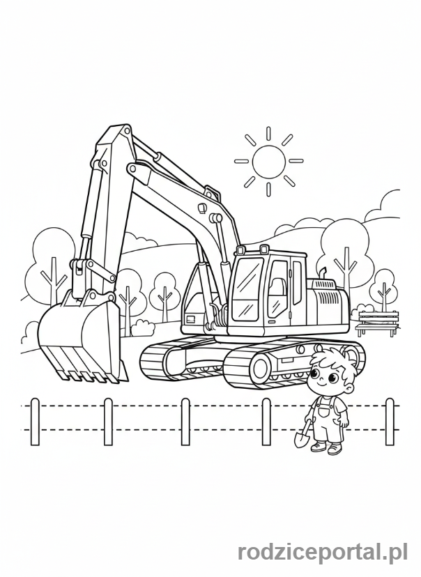Kolorowanka Koparki - Koparka z dzieckiem oglądającym