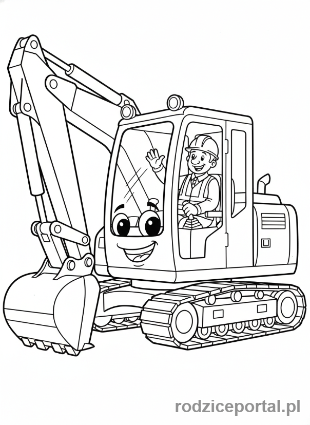 Kolorowanka Koparki - Koparka z kierowcą machającym z kabiny.