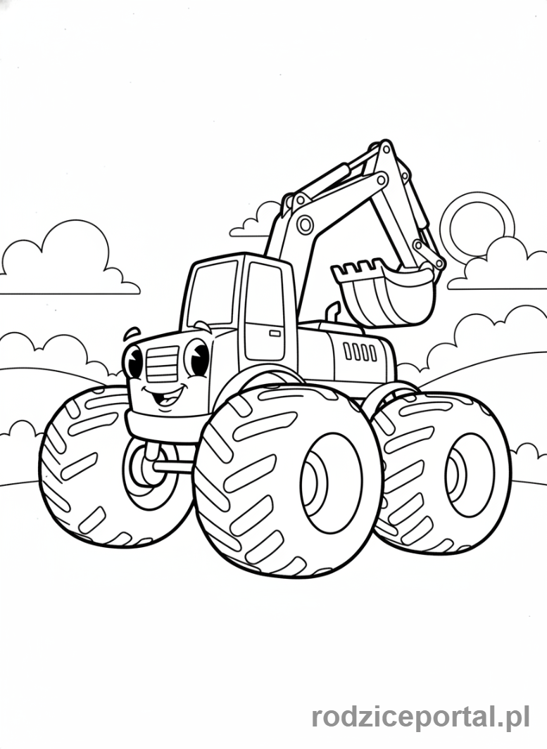 Kolorowanka Koparki - Koparka z ogromnymi kołami.