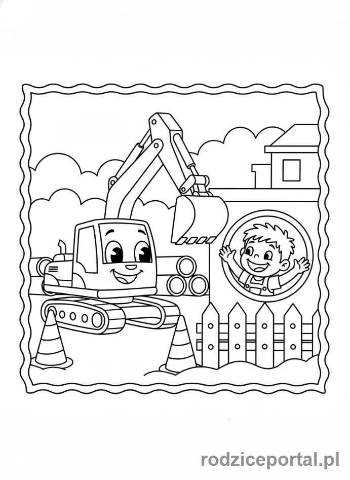 Kolorowanka Koparki - Koparka z radosnym dzieckiem