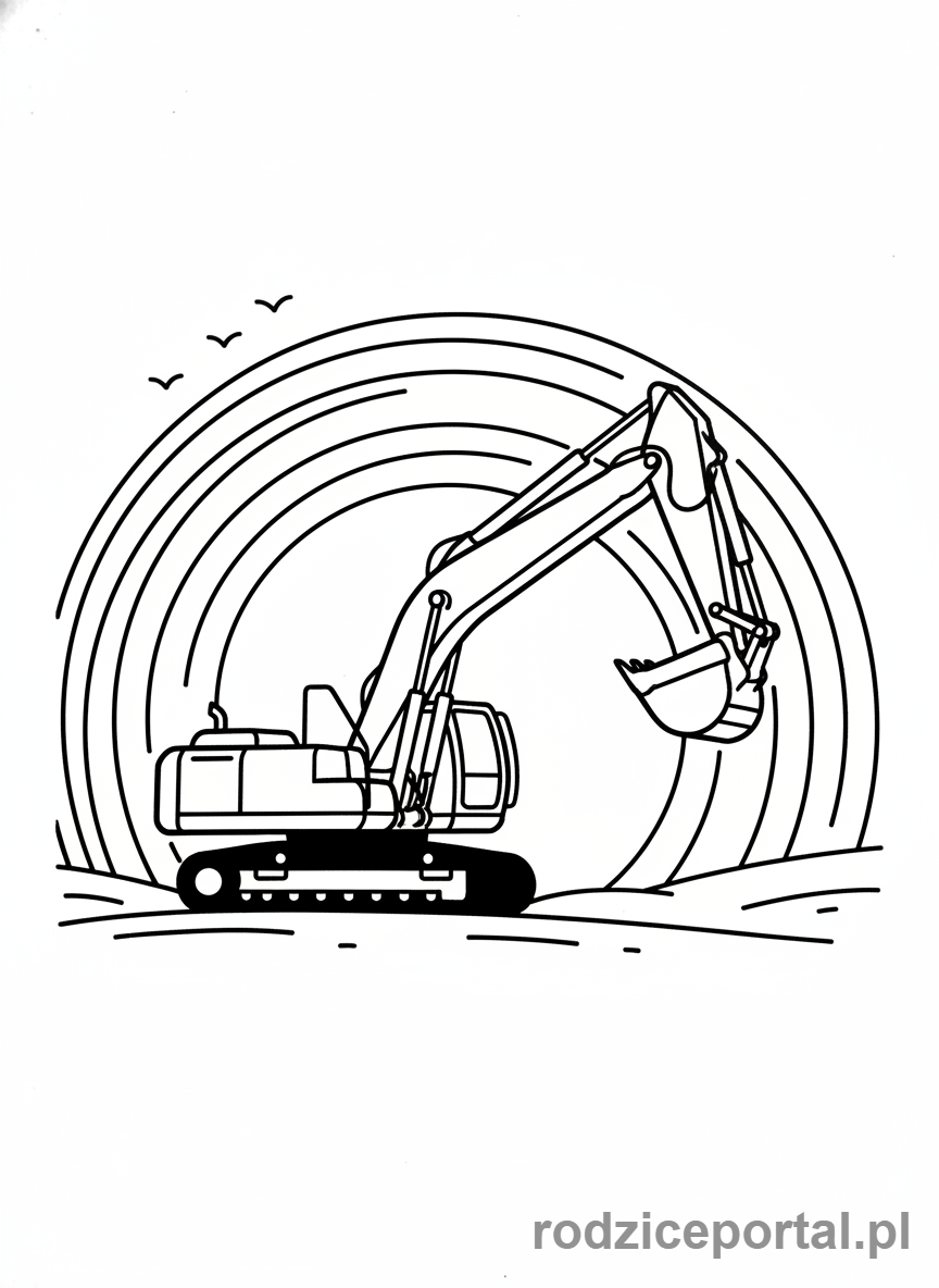 Kolorowanka Koparki - Koparka z zachodzącym słońcem