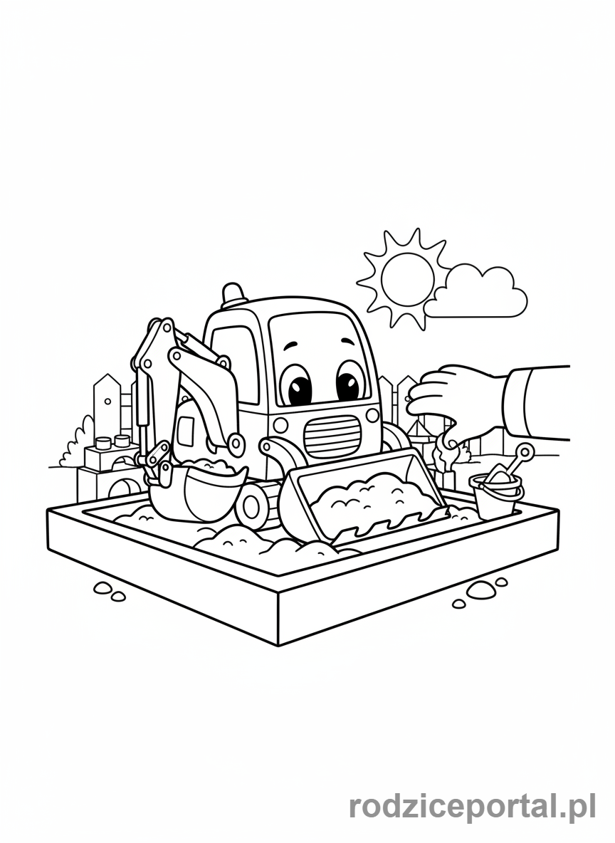 Kolorowanka Koparki - Mała koparka bawiąca się w piaskownicy.
