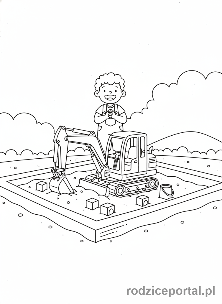 Kolorowanka Koparki - Mała koparka w piaskownicy