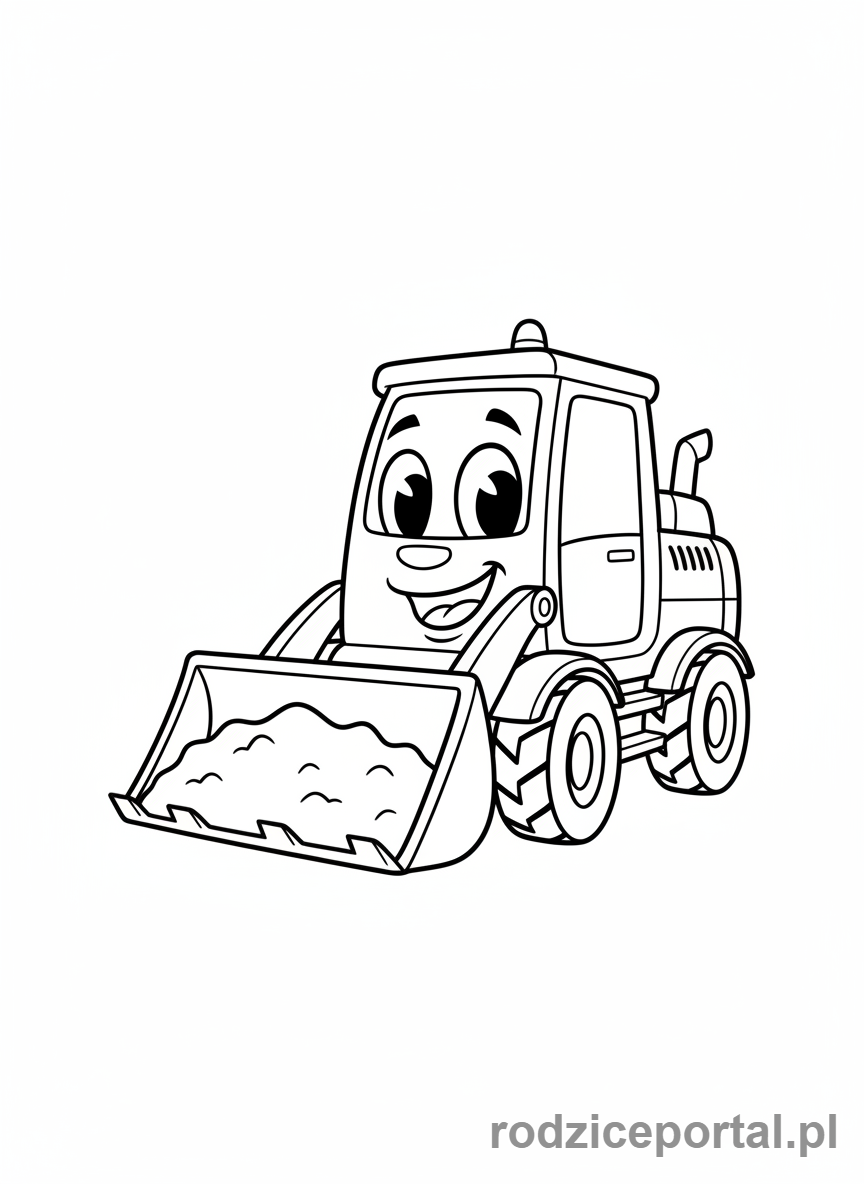 Kolorowanka Koparki - Uśmiechnięta koparka z wiadrem pełnym piasku.