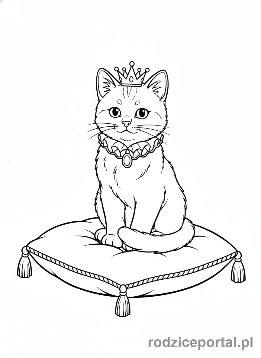 Kolorowanka Kotki - Dostojny kotek siedzący na poduszce