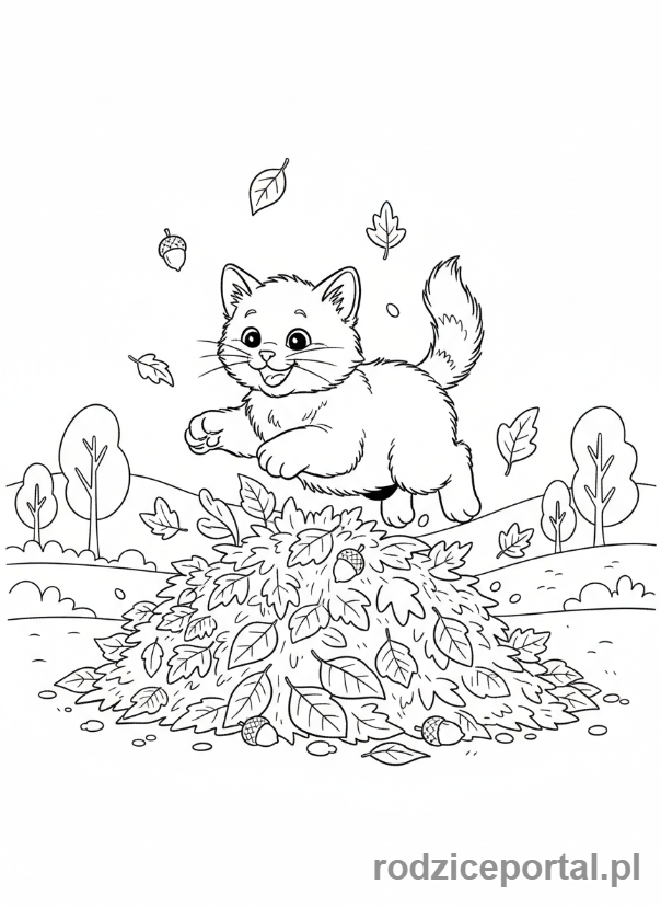 Kolorowanka Kotki - Kotek bawiący się na stosie liści