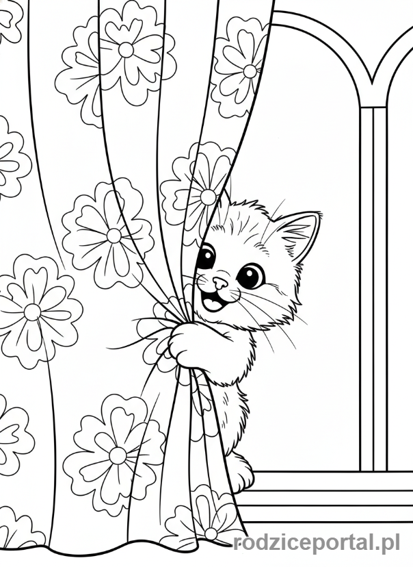 Kolorowanka Kotki - Kotek bawiący się w 'a kuku' za zasłoną