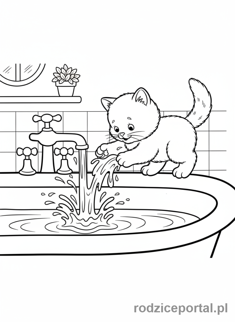 Kolorowanka Kotki - Kotek bawiący się wodą z kranu