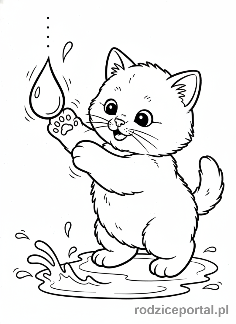 Kolorowanka Kotki - Kotek bawiący się z kropelką wody