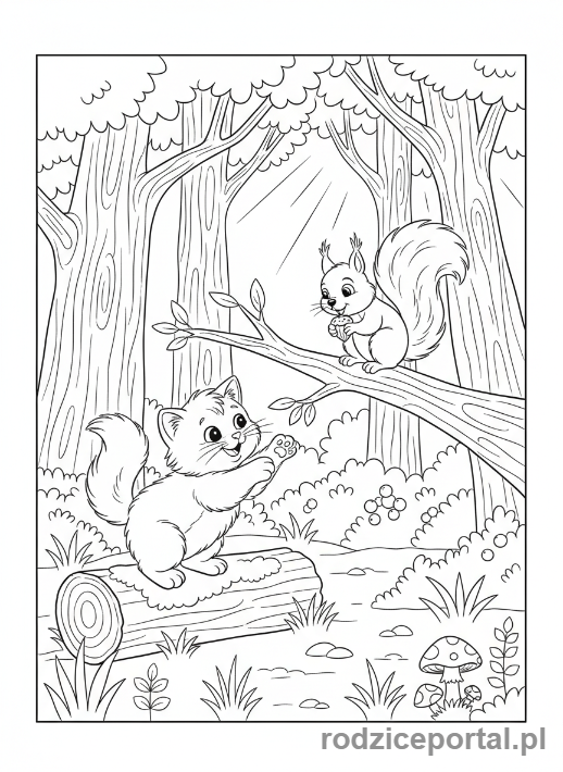 Kolorowanka Kotki - Kotek bawiący się z wiewiórką