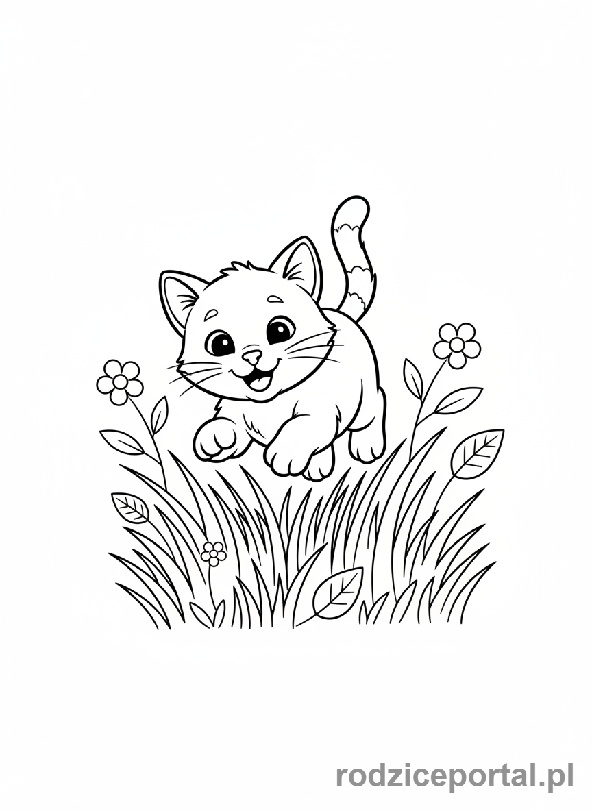 Kolorowanka Kotki - Kotek biegnący po trawie