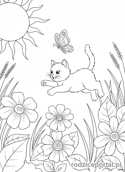 Kolorowanka Kotki - Kotek goniący motyla w ogrodzie