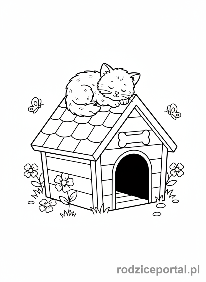 Kolorowanka Kotki - Kotek leżący na dachu budy dla psa