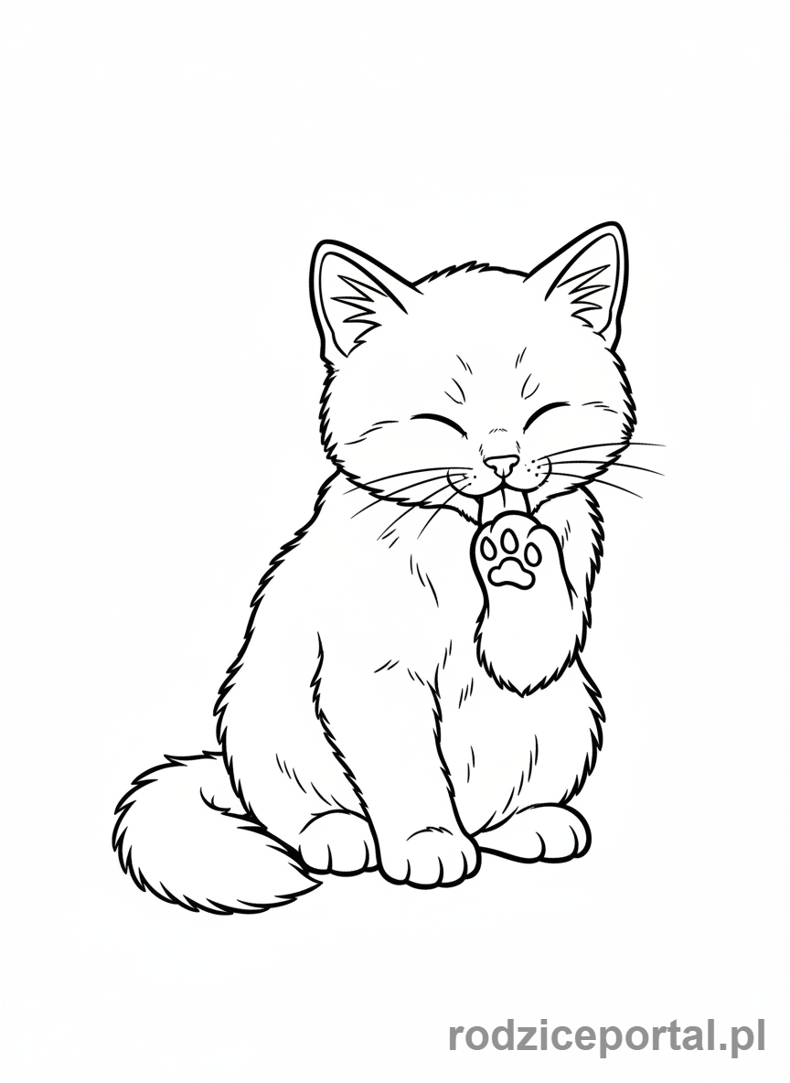 Kolorowanka Kotki - Kotek liżący swoją łapkę
