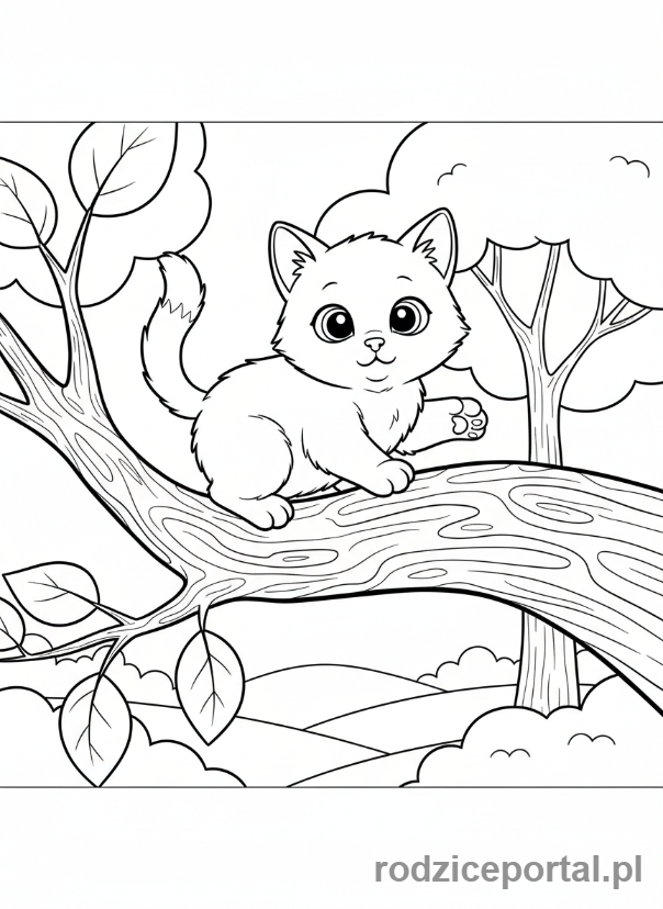 Kolorowanka Kotki - Kotek na gałęzi drzewa