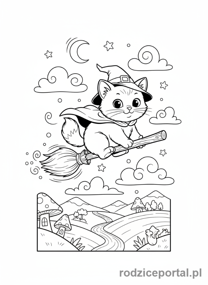 Kolorowanka Kotki - Kotek na miotle latającej