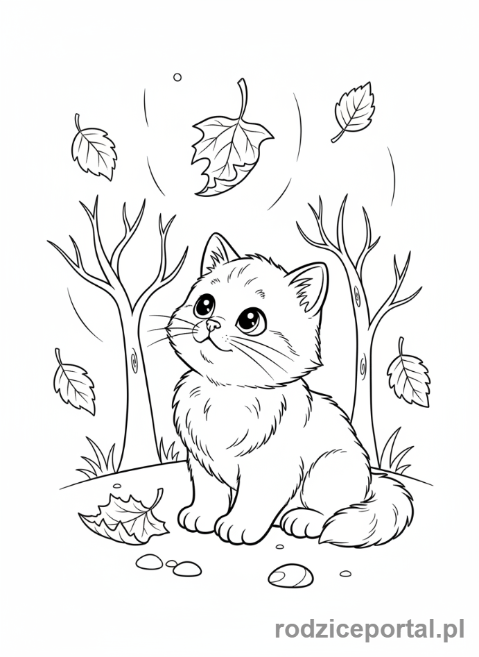 Kolorowanka Kotki - Kotek obserwujący spadający liść