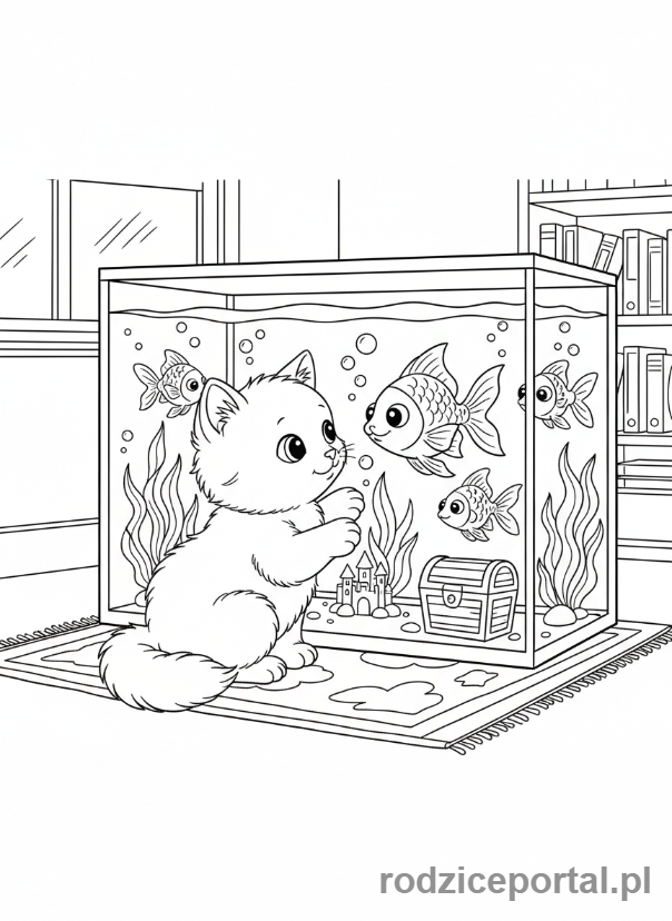 Kolorowanka Kotki - Kotek oglądający rybki w akwarium