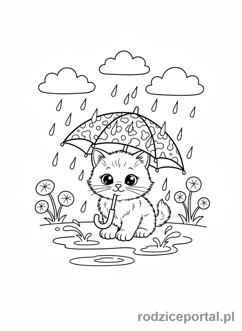 Kolorowanka Kotki - Kotek pod parasolem